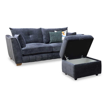 ‘Allure’ Coco Indigo Woven Fabric Formal Back 3 Seater Sofa + Small Storage Footstool