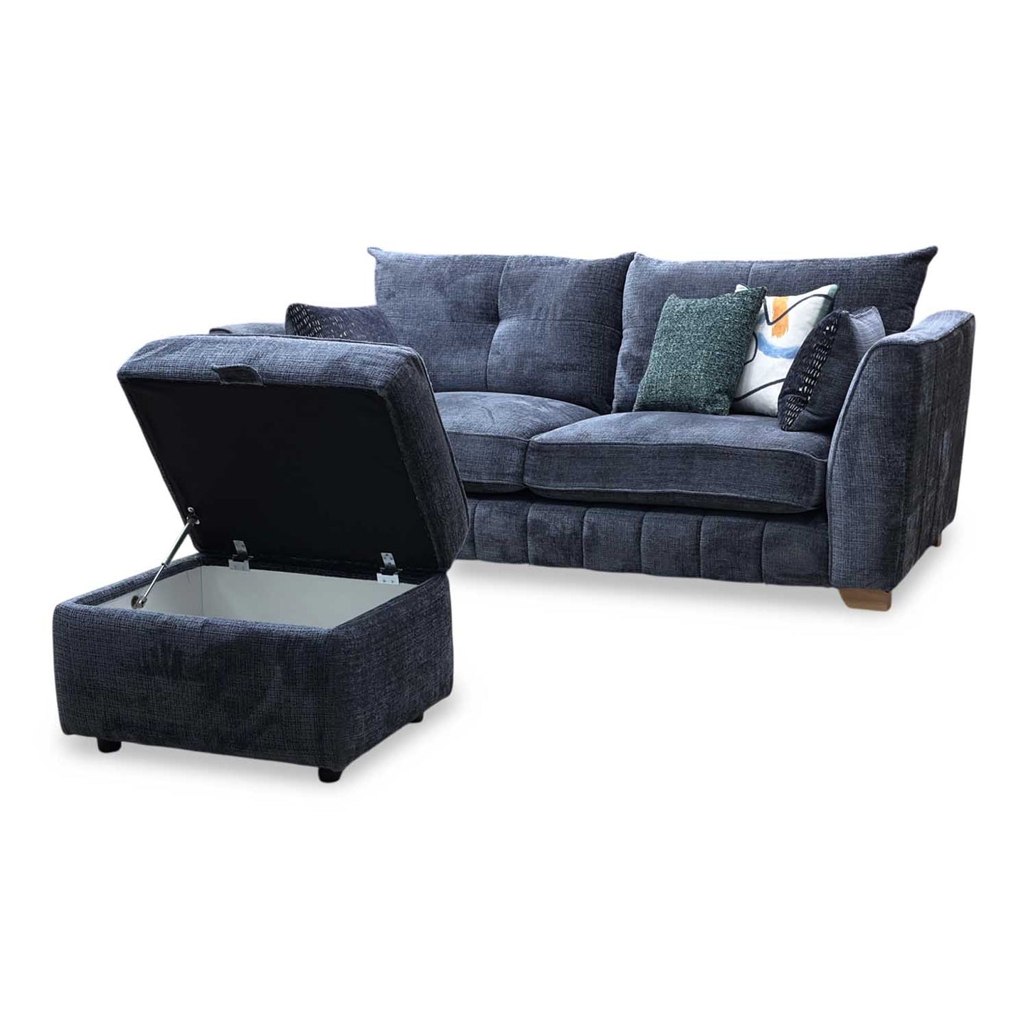 ‘Allure’ Coco Indigo Woven Fabric Formal Back 3 Seater Sofa + Small Storage Footstool