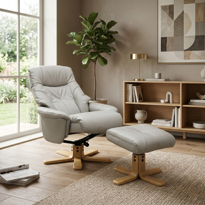 ‘Bruges’ Pebble Cream Faux Leather Swivel Recliner Chair and Footstool