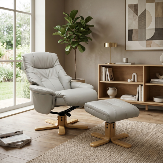 ‘Bruges’ Pebble Cream Faux Leather Swivel Recliner Chair and Footstool