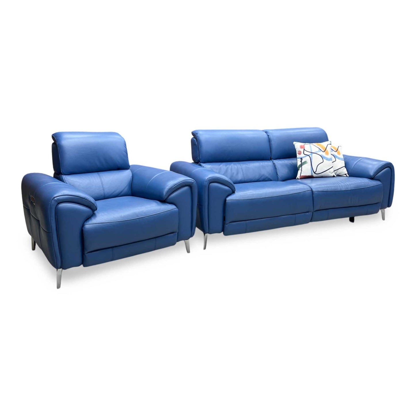 ‘Vino’ Cat-40_12 Aegean Blue Leather 3 Seater Power Recliner Sofa with Power Headrests and Heated Seats + Power Chair