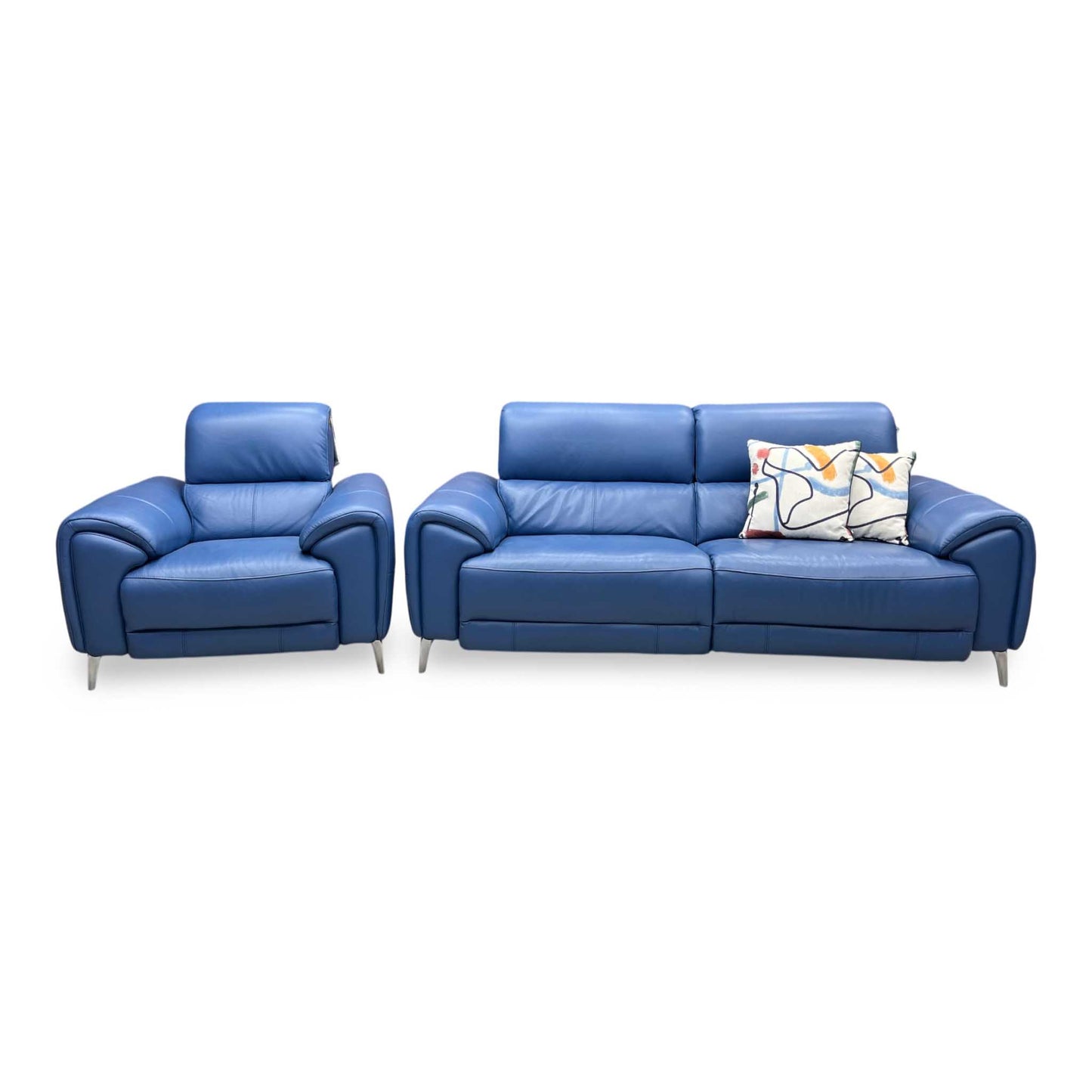 ‘Vino’ Cat-40_12 Aegean Blue Leather 3 Seater Power Recliner Sofa with Power Headrests and Heated Seats + Power Chair