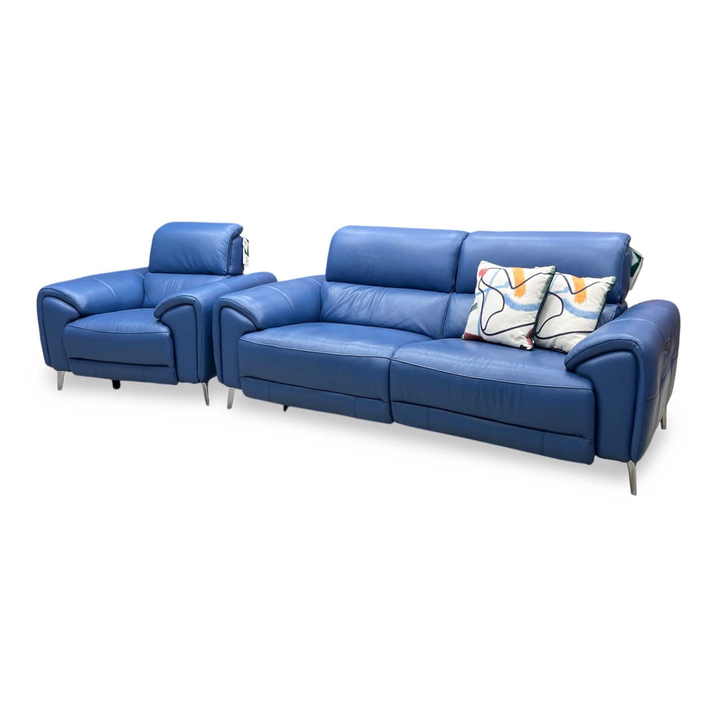‘Vino’ Cat-40_12 Aegean Blue Leather 3 Seater Power Recliner Sofa with Power Headrests and Heated Seats + Power Chair