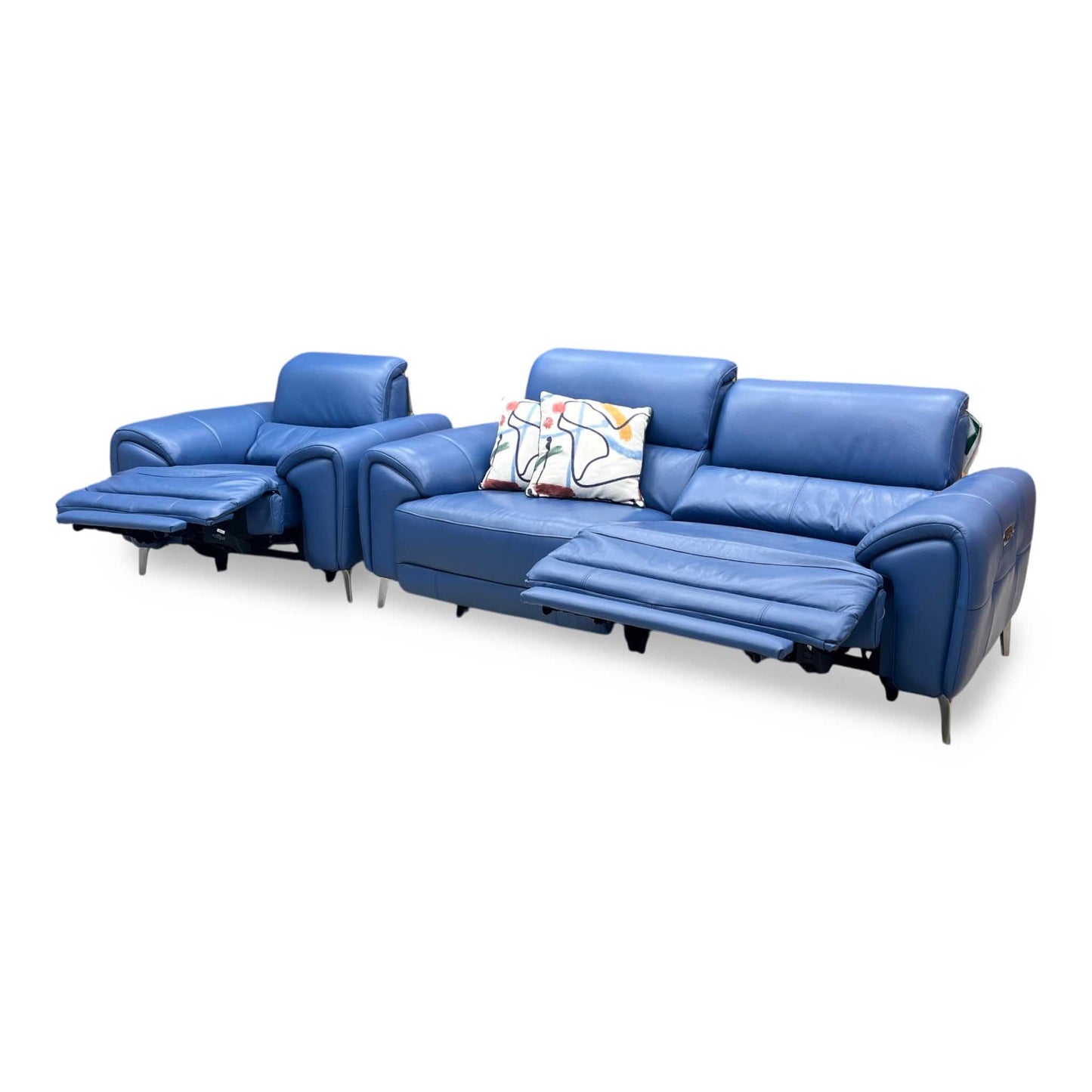 ‘Vino’ Cat-40_12 Aegean Blue Leather 3 Seater Power Recliner Sofa with Power Headrests and Heated Seats + Power Chair