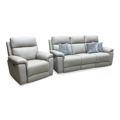 ‘Raven’ Oslo Light Grey Cat-40_27 Leather 3 Seater Power Recliner Sofa with Power Headrests + Power Chair