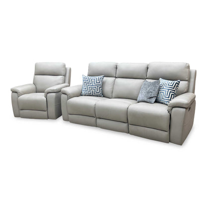 ‘Raven’ Oslo Light Grey Cat-40_27 Leather 3 Seater Power Recliner Sofa with Power Headrests + Power Chair