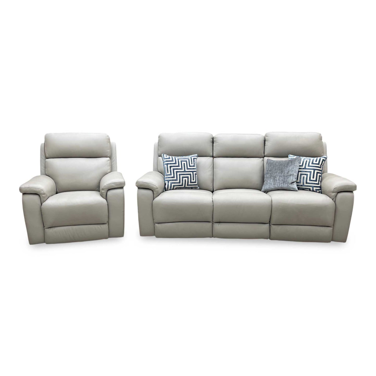 ‘Raven’ Oslo Light Grey Cat-40_27 Leather 3 Seater Power Recliner Sofa with Power Headrests + Power Chair