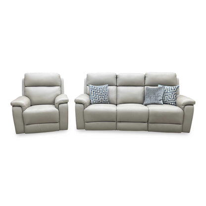 ‘Raven’ Oslo Light Grey Cat-40_27 Leather 3 Seater Power Recliner Sofa with Power Headrests + Power Chair
