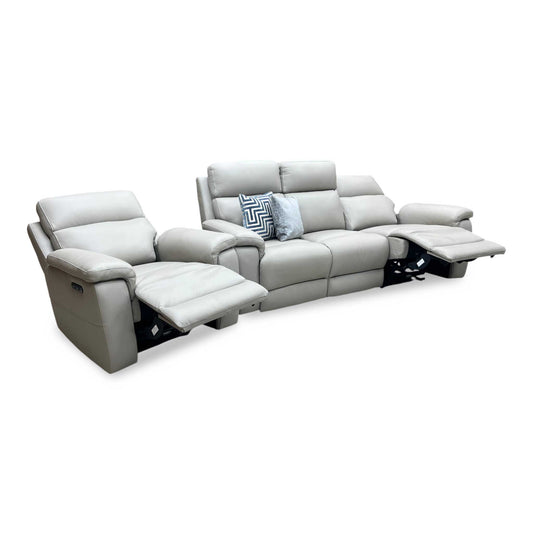 ‘Raven’ Oslo Light Grey Cat-40_27 Leather 3 Seater Power Recliner Sofa with Power Headrests + Power Chair