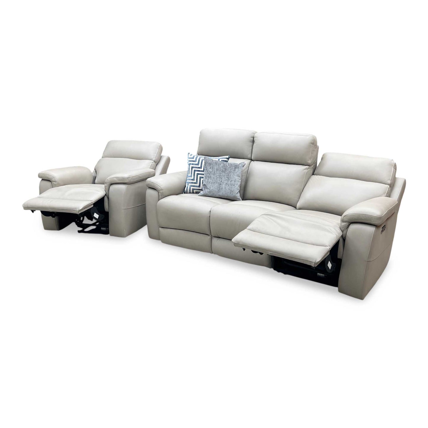 ‘Raven’ Oslo Light Grey Cat-40_27 Leather 3 Seater Power Recliner Sofa with Power Headrests + Power Chair