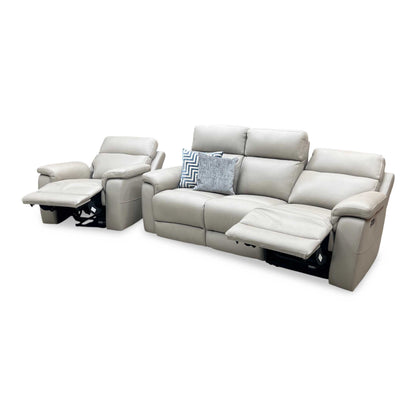‘Raven’ Oslo Light Grey Cat-40_27 Leather 3 Seater Power Recliner Sofa with Power Headrests + Power Chair