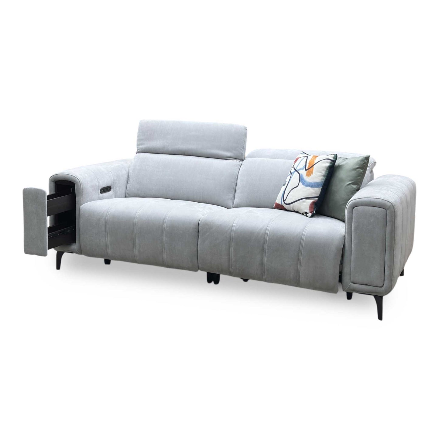 ‘Elphaba’ Manhattan Stone 58004 Fabric 3 Seater Power Recliner Sofa with Storage Arms