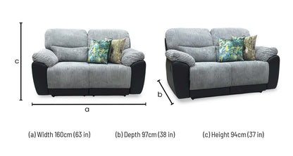 ‘Sienna’ Grey Jumbo Cord High Back 2 Seater Recliner Sofa
