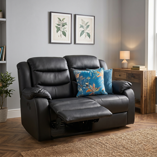 ‘Rothbury’ Luxury Black Faux Leather High Back 2 Seater Manual Recliner Sofa