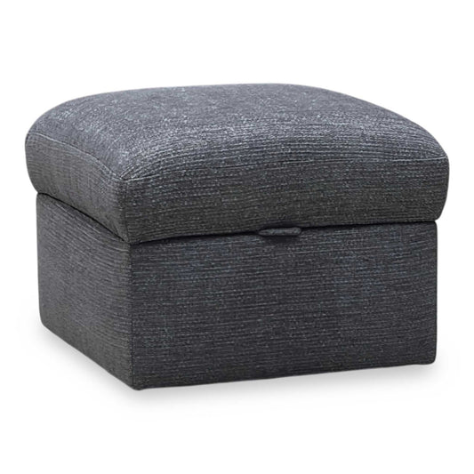 Gray textured storage ottoman on a white background