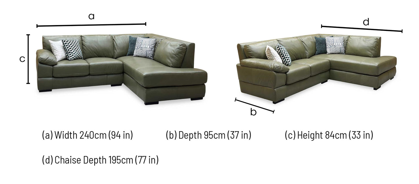 ‘Marlow’ Olive Green Italian Leather Right Hand Corner Chaise Sofa