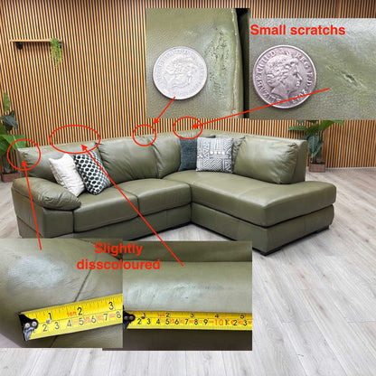 ‘Marlow’ Olive Green Italian Leather Right Hand Corner Chaise Sofa