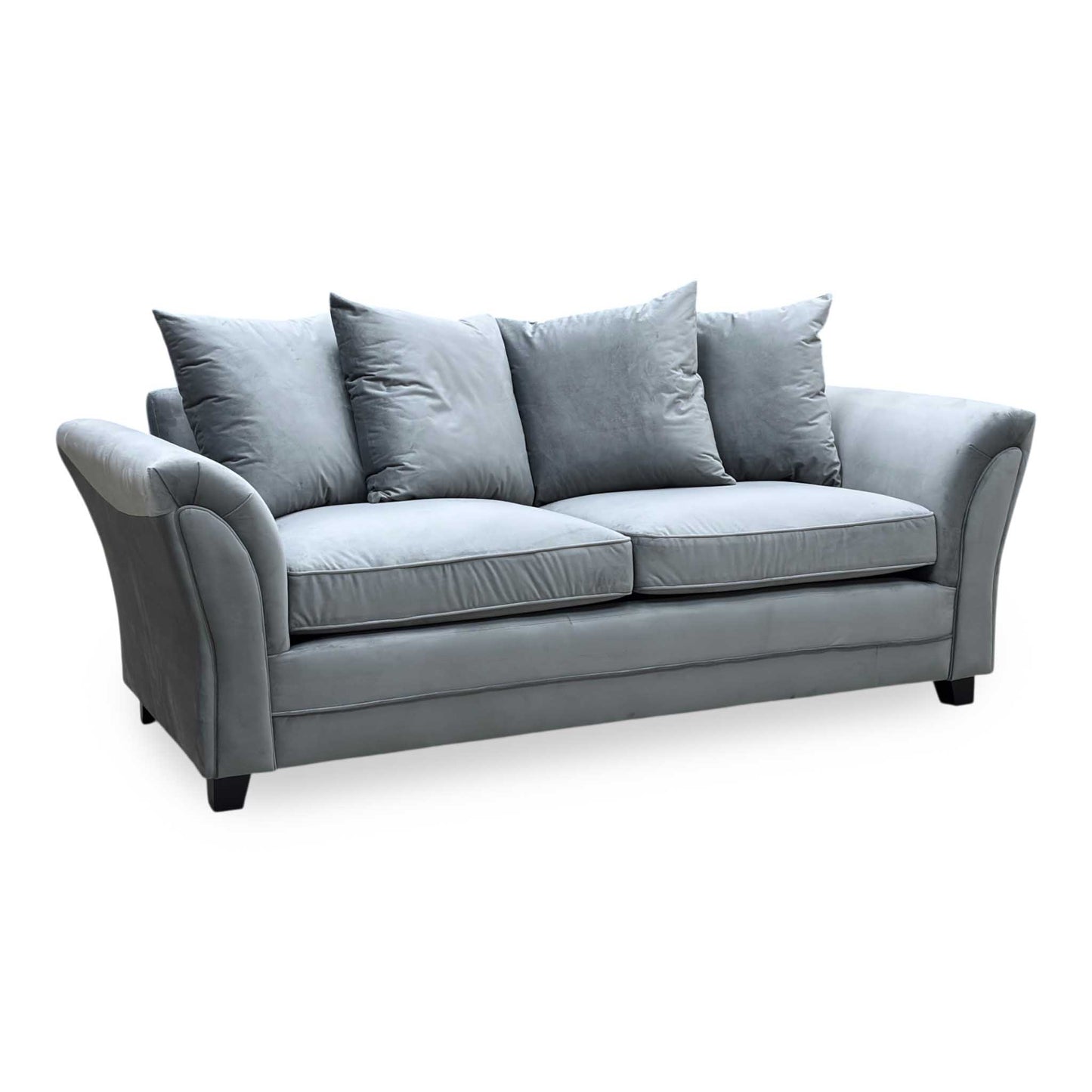 Gray sofa with four cushions on a white background