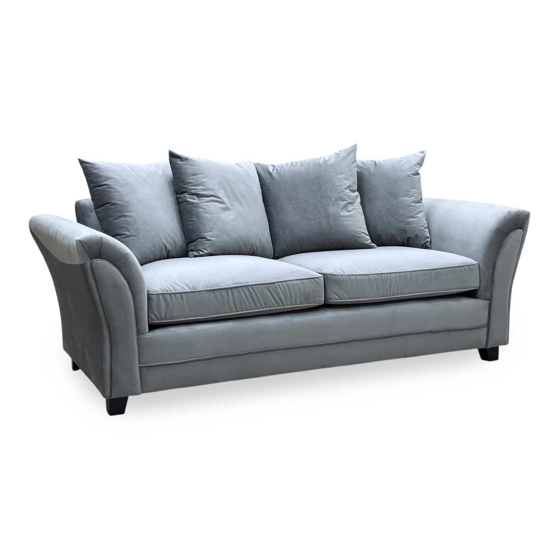 Gray sofa with four cushions on a white background