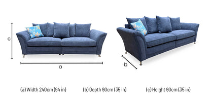'Dury' Blue Fabric 4 Seater Split Frame Sofa