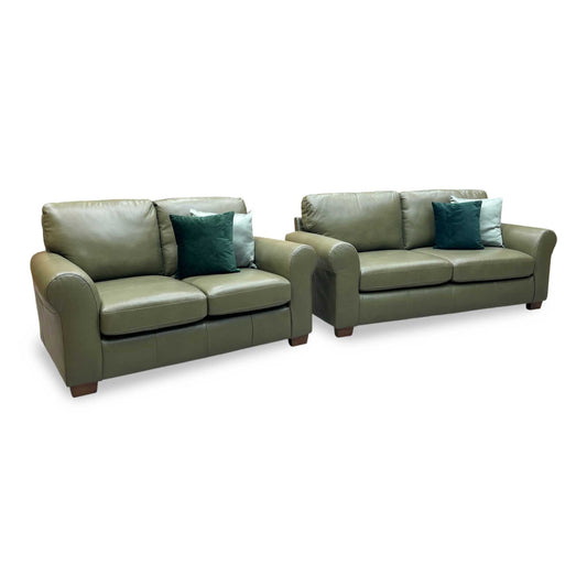 ‘Bailey’ Olive Green Italian Leather 3 + 2 Seater Sofa Set