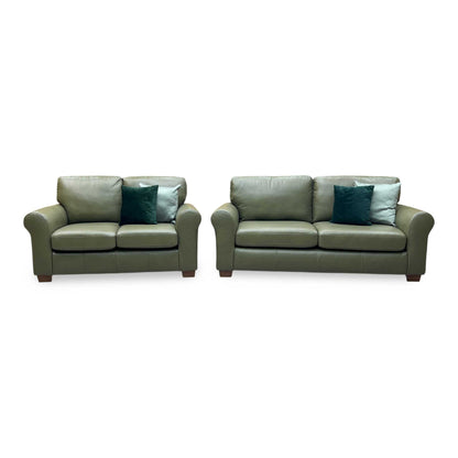 ‘Bailey’ Olive Green Italian Leather 3 + 2 Seater Sofa Set
