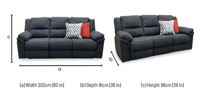 Technical dimensions blueprint and space planning layout schematic for the ‘Albion’ Grey Chenille 3-Seater High Back Manual Recliner Sofa.