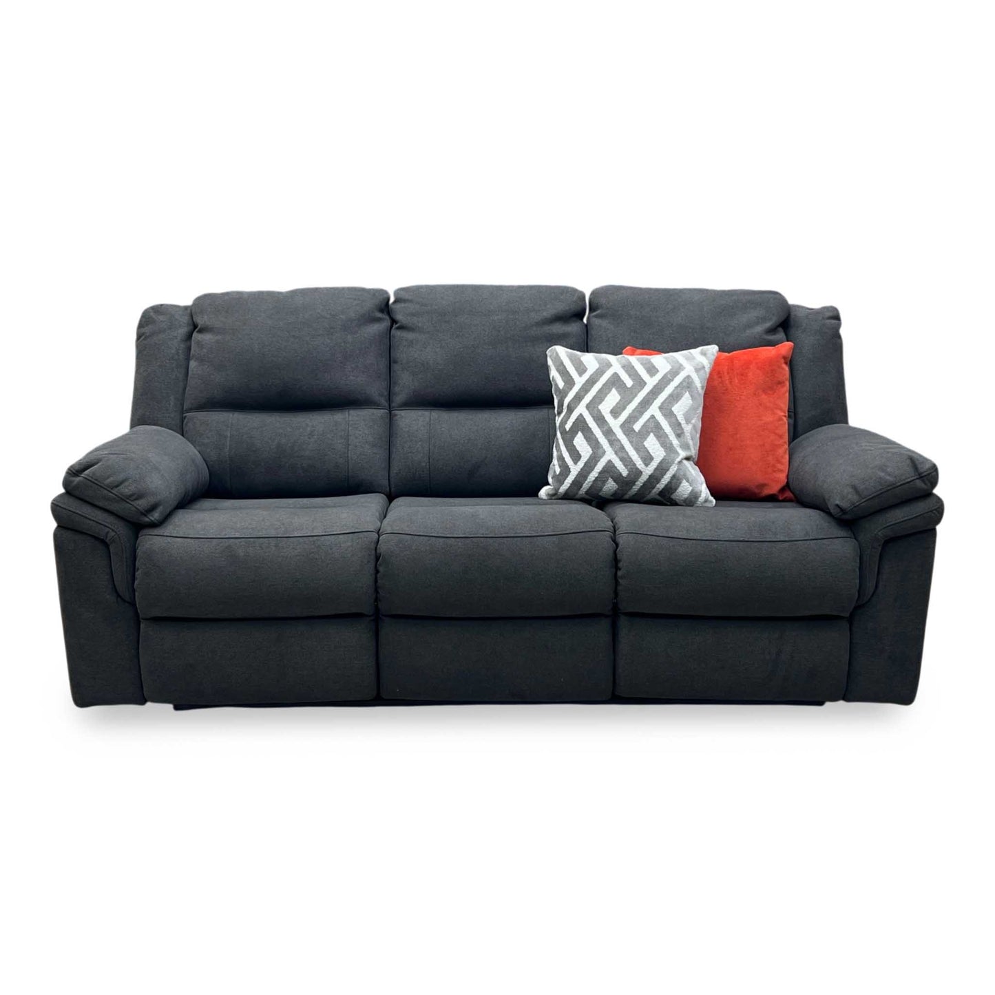 Front-facing view of the grey chenille 3-seater sofa, showcasing its deeply padded high-back design, segmented lumbar support cushions, and plush pillowy armrests.