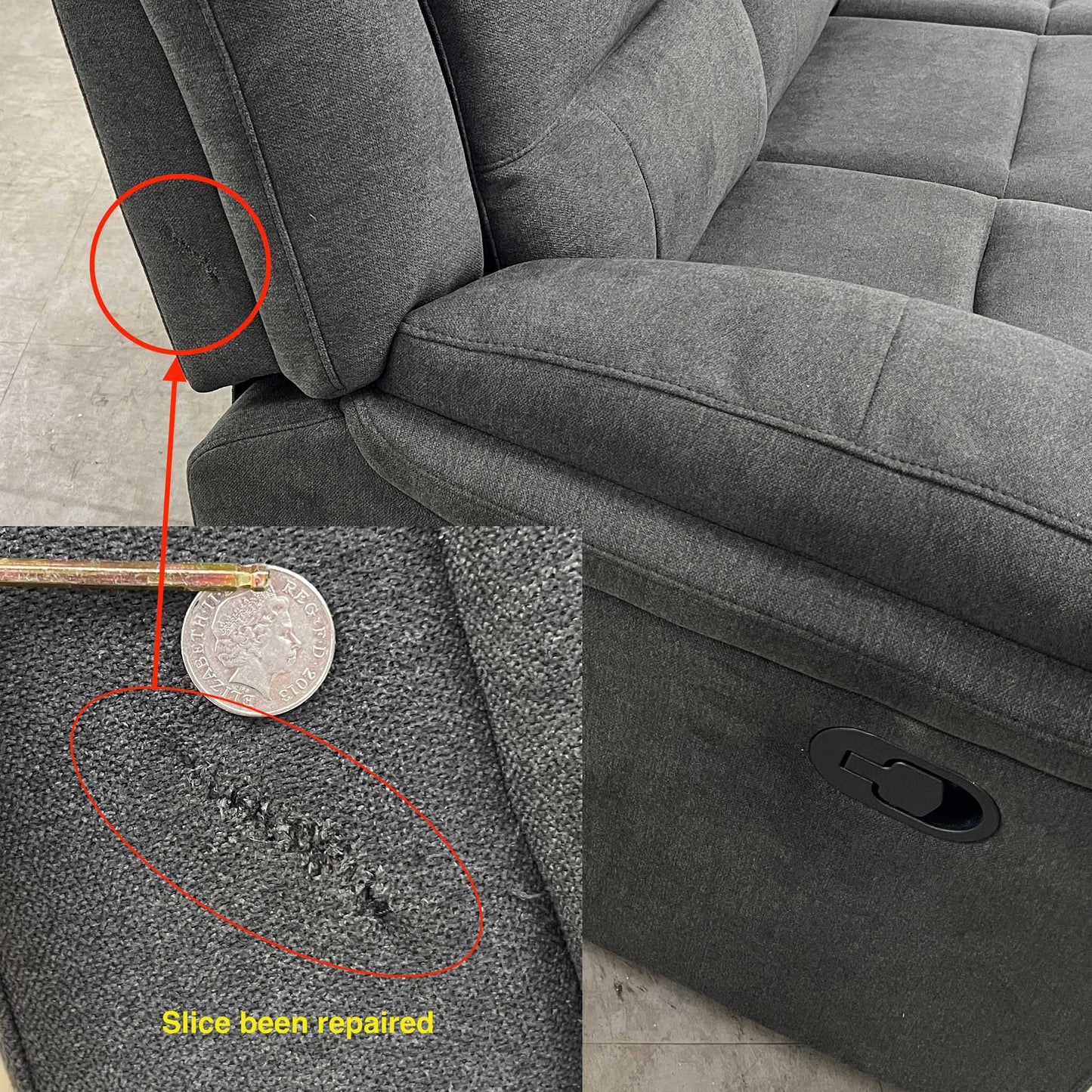 Damage on the sofa upholstery.Close-up view of the manual pull-latch mechanism located on the outer side panel, highlighting the clean integration into the soft chenille upholstery.