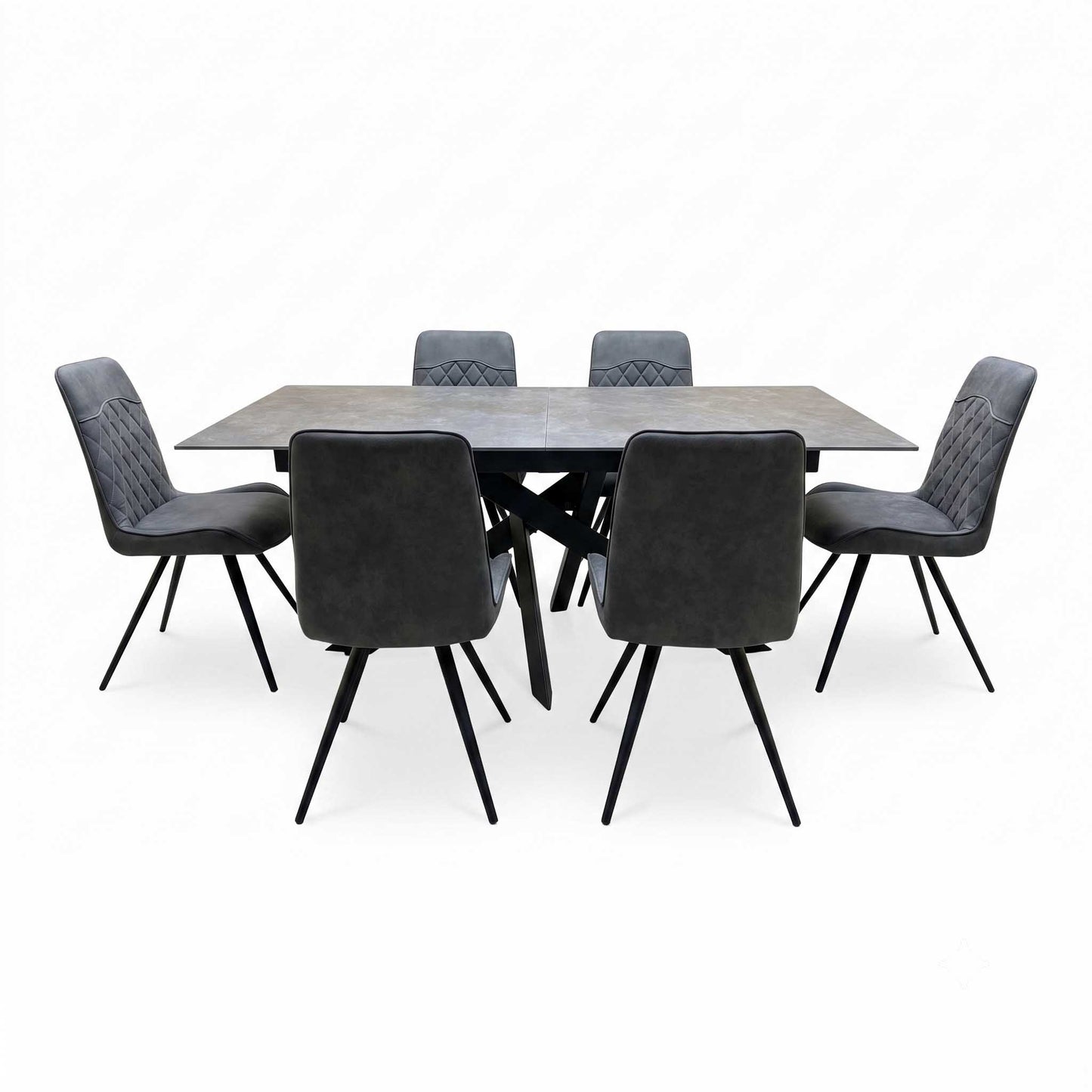 'Warrior' Grey Sintered Stone 180cm Extending Dining Table With Charcoal Grey Fabric Standard Dining Chairs - Set of 6 Furniture Village