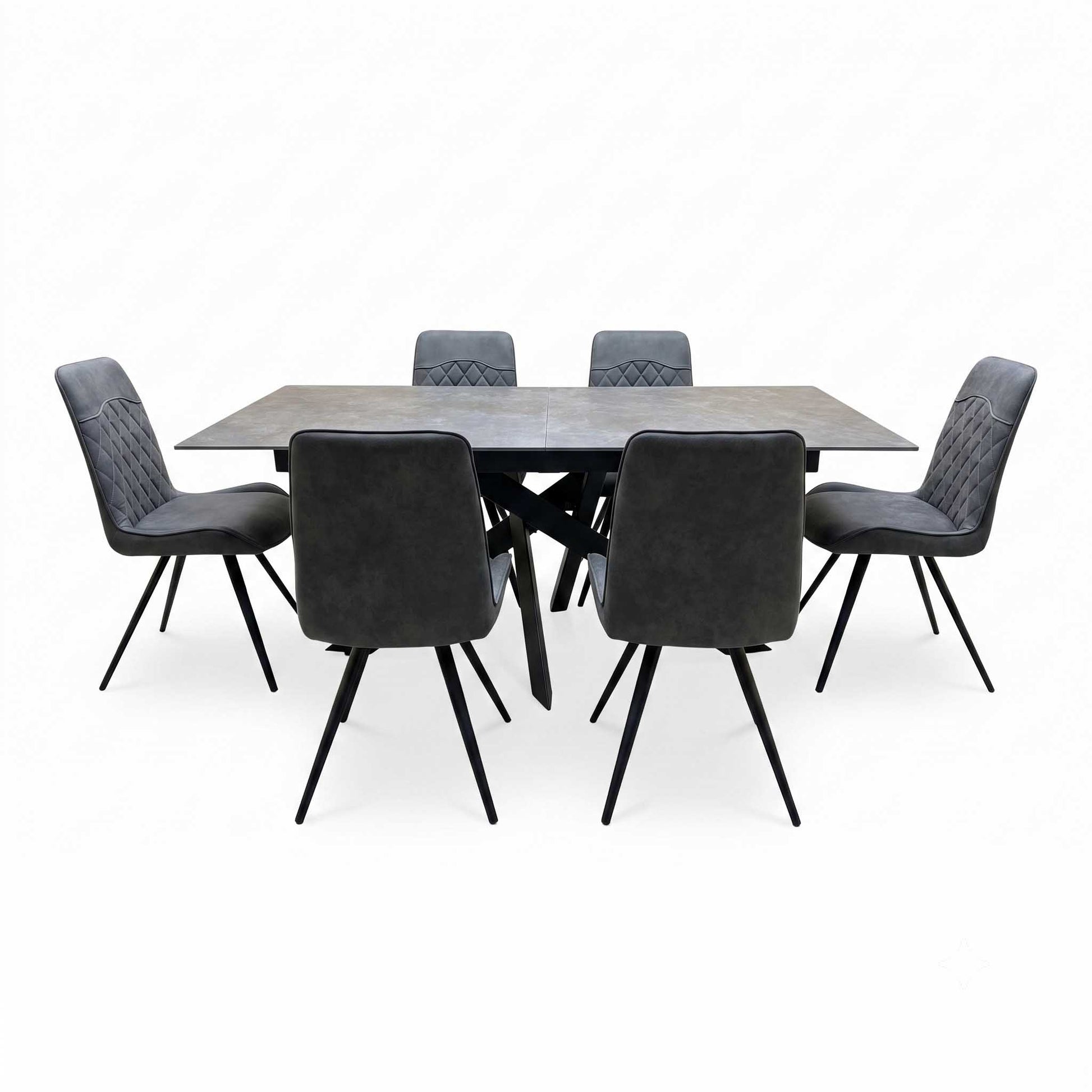 'Warrior' Grey Sintered Stone 180cm Extending Dining Table With Charcoal Grey Fabric Standard Dining Chairs - Set of 6 Furniture Village
