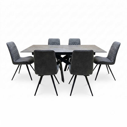 'Warrior' Grey Sintered Stone 180cm Extending Dining Table With Charcoal Grey Fabric Standard Dining Chairs - Set of 6 Furniture Village
