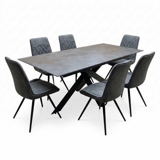 'Warrior' Grey Sintered Stone 180cm Extending Dining Table With Charcoal Grey Fabric Standard Dining Chairs - Set of 6 Furniture Village