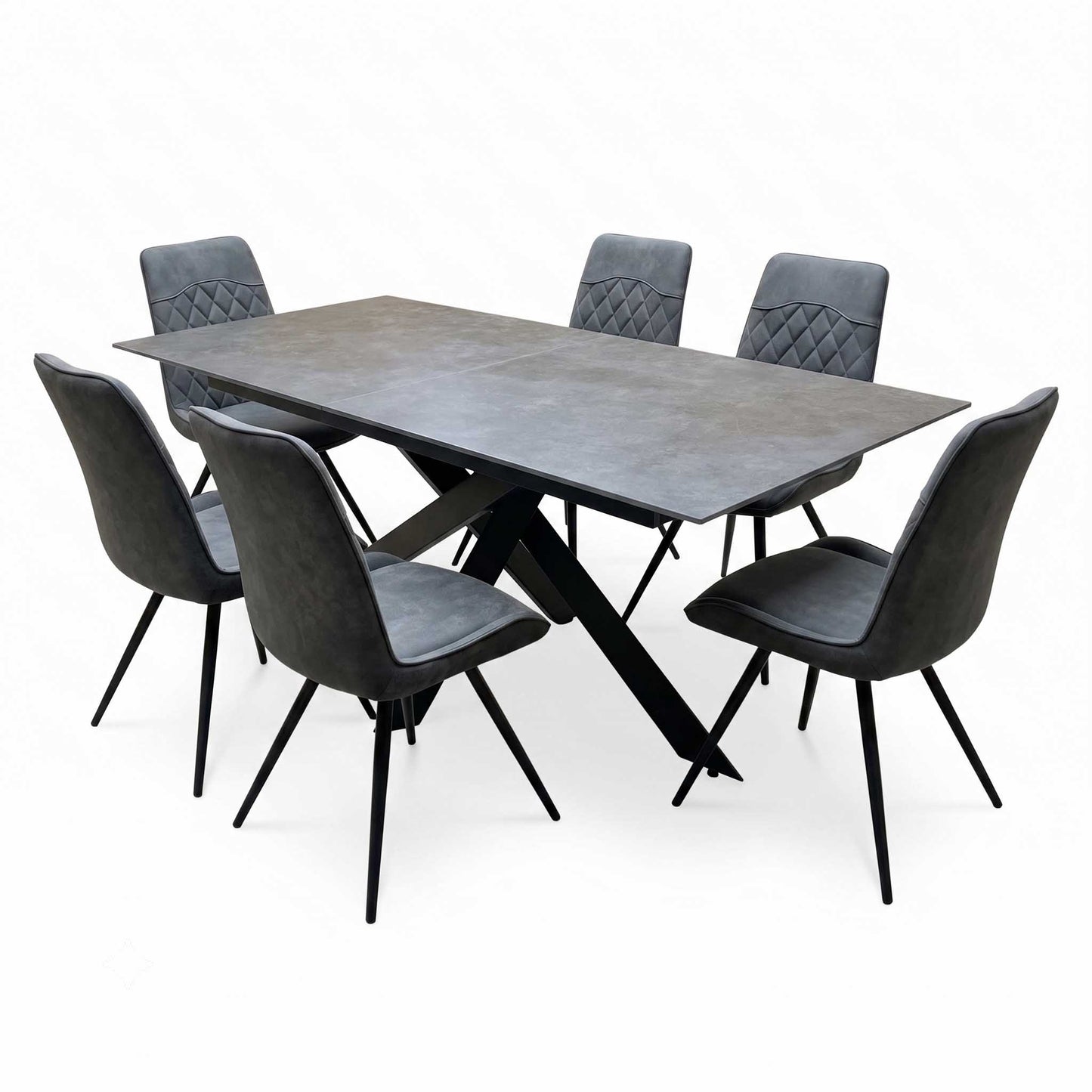 'Warrior' Grey Sintered Stone 180cm Extending Dining Table With Charcoal Grey Fabric Standard Dining Chairs - Set of 6 Furniture Village