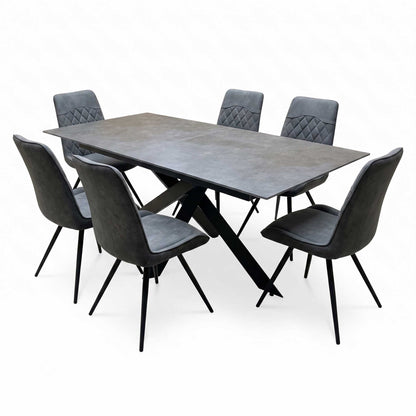 'Warrior' Grey Sintered Stone 180cm Extending Dining Table With Charcoal Grey Fabric Standard Dining Chairs - Set of 6 Furniture Village