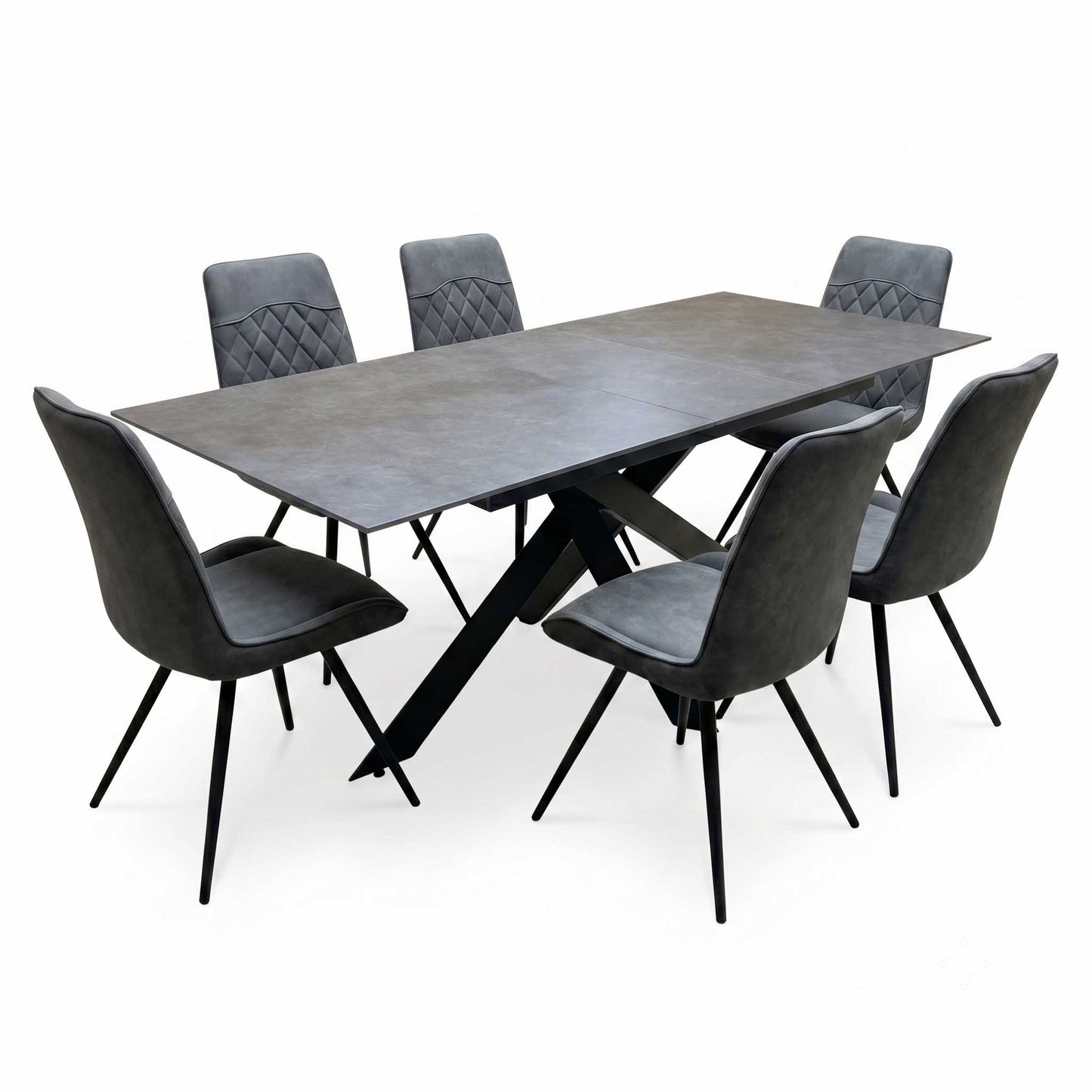 'Warrior' Grey Sintered Stone 180cm Extending Dining Table With Charcoal Grey Fabric Standard Dining Chairs - Set of 6 Furniture Village