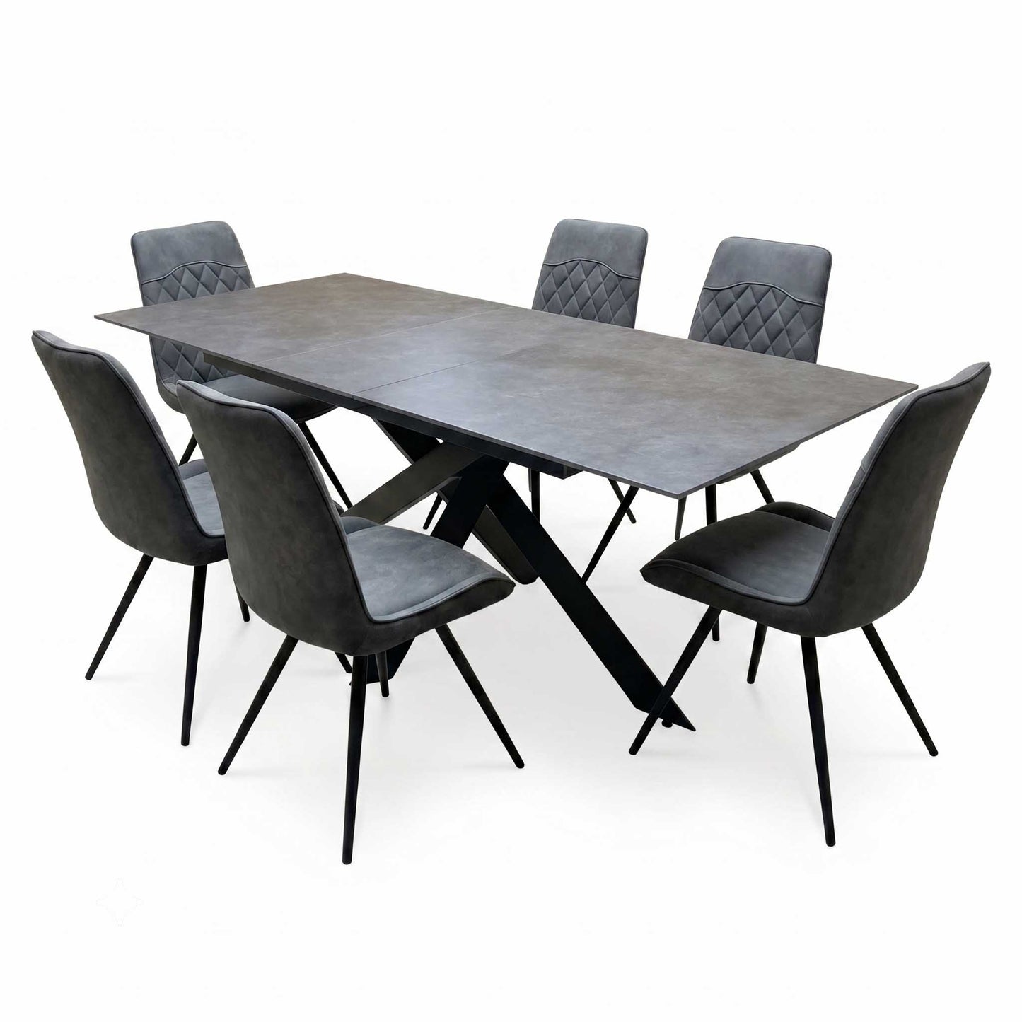 'Warrior' Grey Sintered Stone 180cm Extending Dining Table With Charcoal Grey Fabric Standard Dining Chairs - Set of 6 Furniture Village