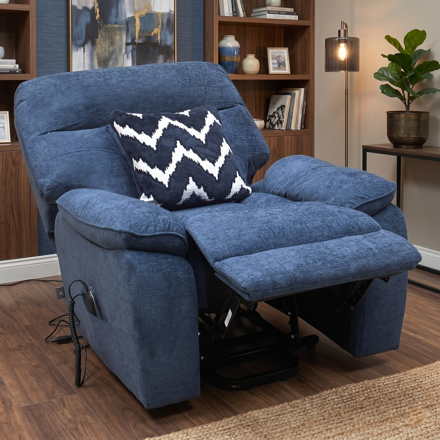 ‘Paulo’ Blue Fabric Electric Rise and Recline Massage Armchair with Heating Function