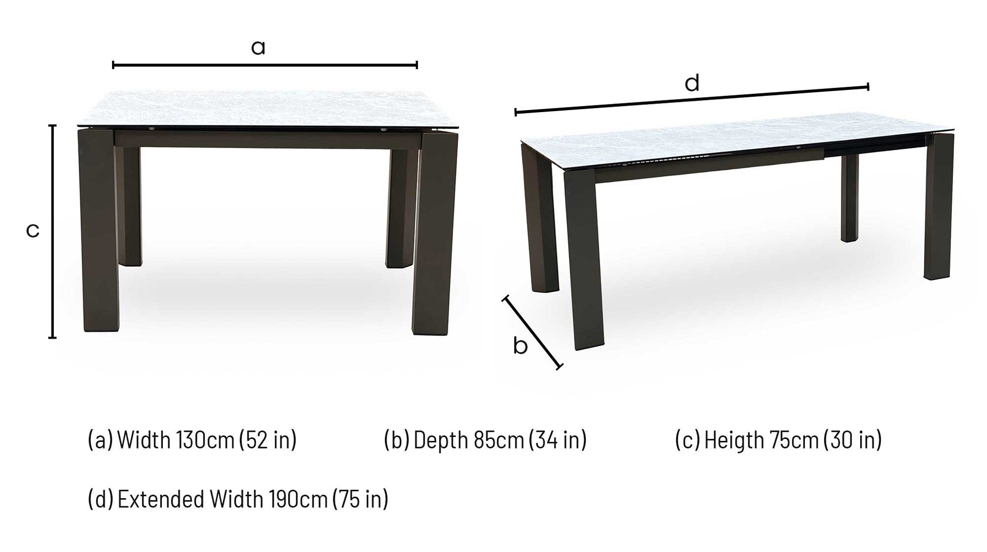 Technical dimensions blueprint and dining room space-planning footprint schematic for the Connubia ‘Viola’ Ceramic Top Extending Dining Table with Metal Legs.