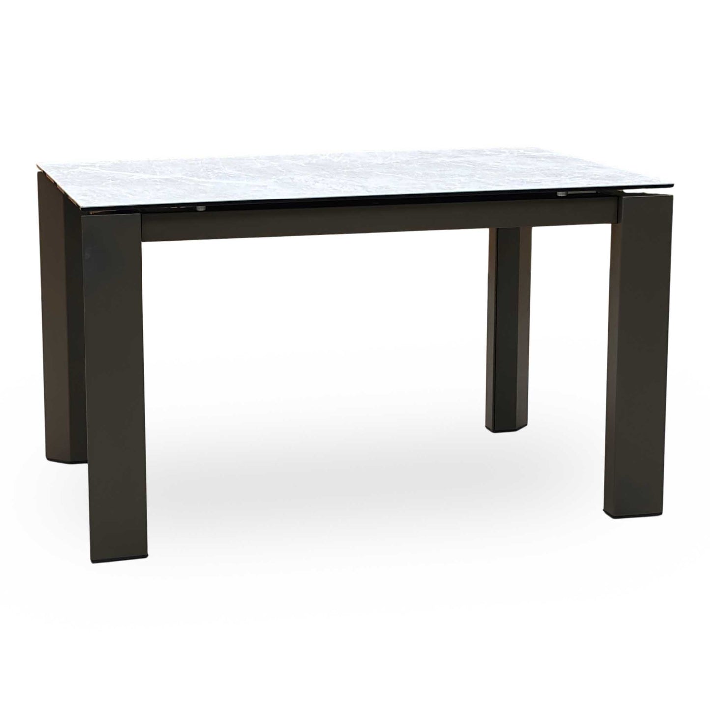 Angle view of a table leg junction, highlighting the flawless alignment, premium hardware fittings, and the high-durability connection to the main metal perimeter chassis.