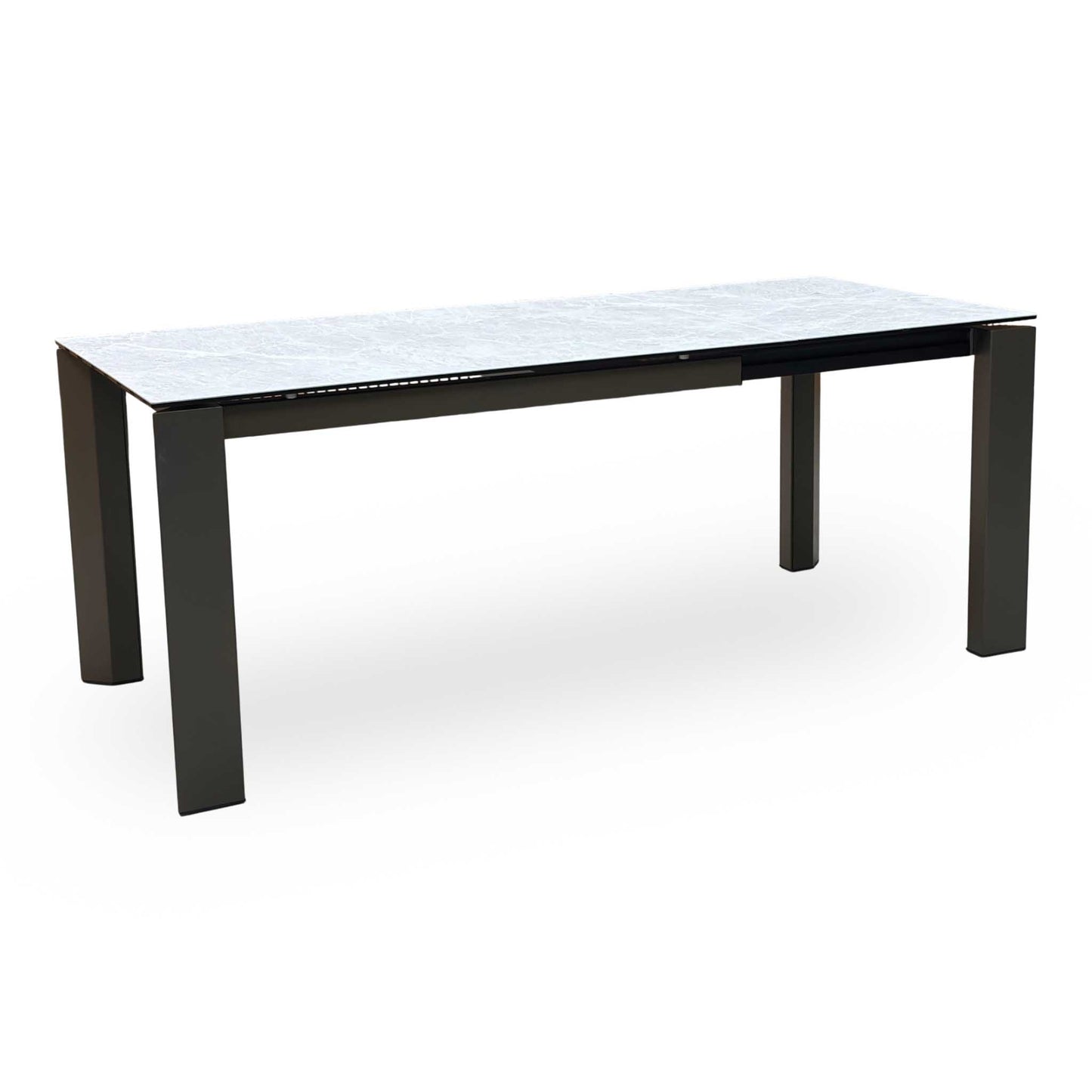 Full View Connubia ‘Viola’ contemporary extending dining table, showcasing a high-performance matte charcoal grey ceramic top paired with sleek, minimalist black metal legs.