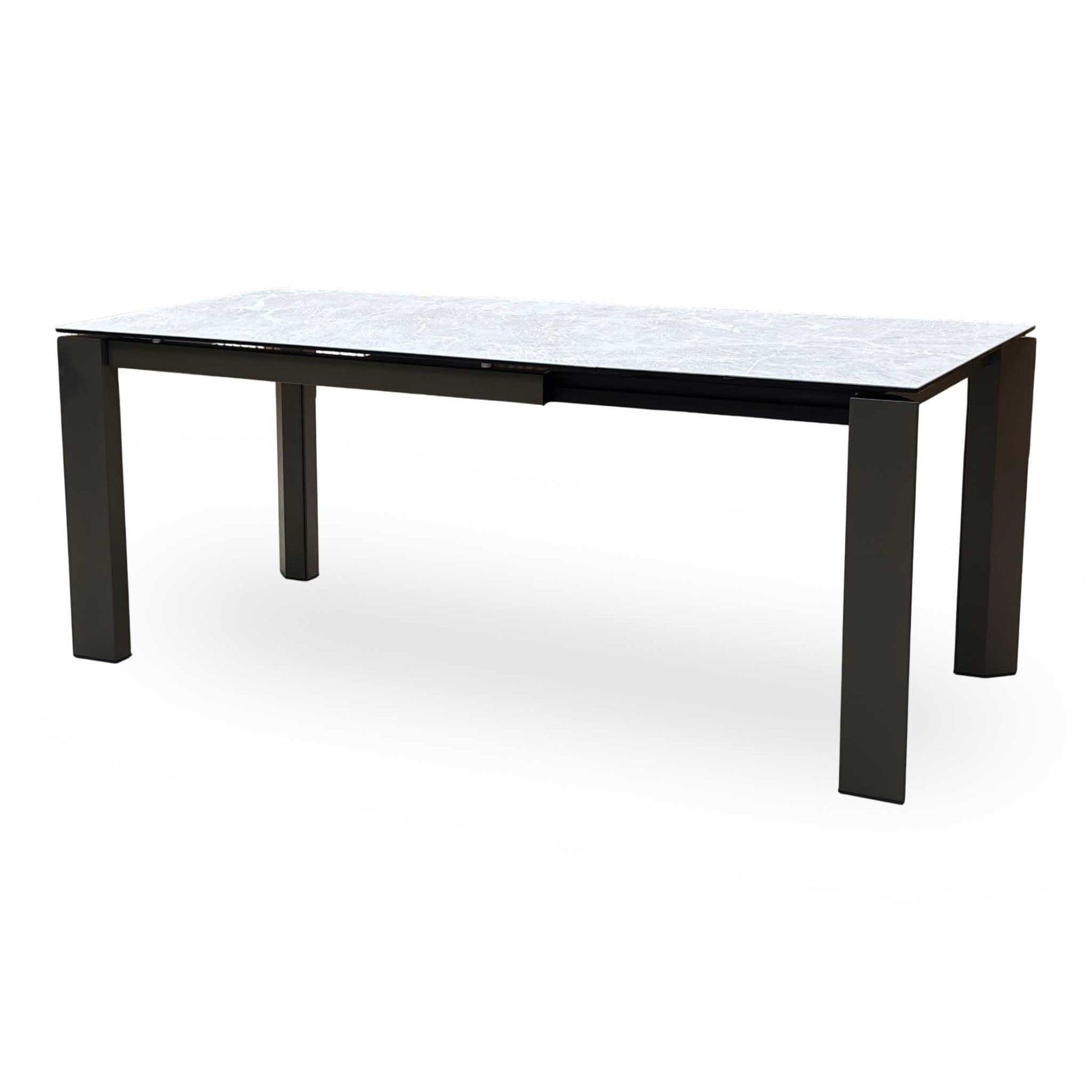 Side view of a table leg junction, highlighting the flawless alignment, premium hardware fittings, and the high-durability connection to the main metal perimeter chassis.