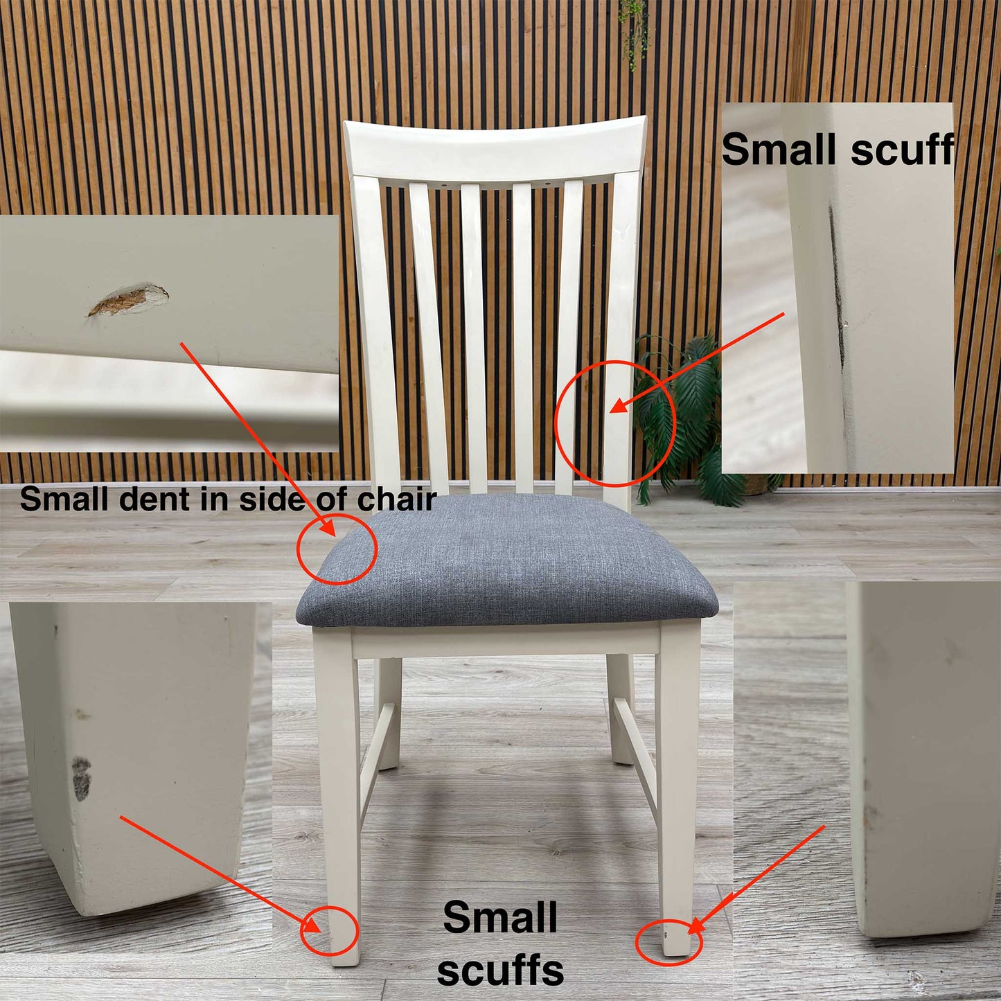 Front-facing view of the two Hamilton high-back wooden dining chairs arranged side-by-side, highlighting the uniform vertical alignment, slim profiles, and modern geometric styling.Damage on chair legs & amp; upholstery.