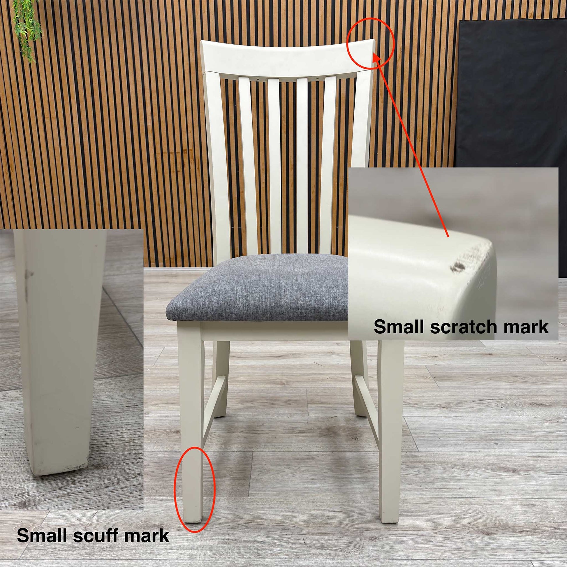 Front-facing view of the two Hamilton high-back wooden dining chairs arranged side-by-side, highlighting the uniform vertical alignment, slim profiles, and modern geometric styling.Damage on chair legs &amp; upholstery.