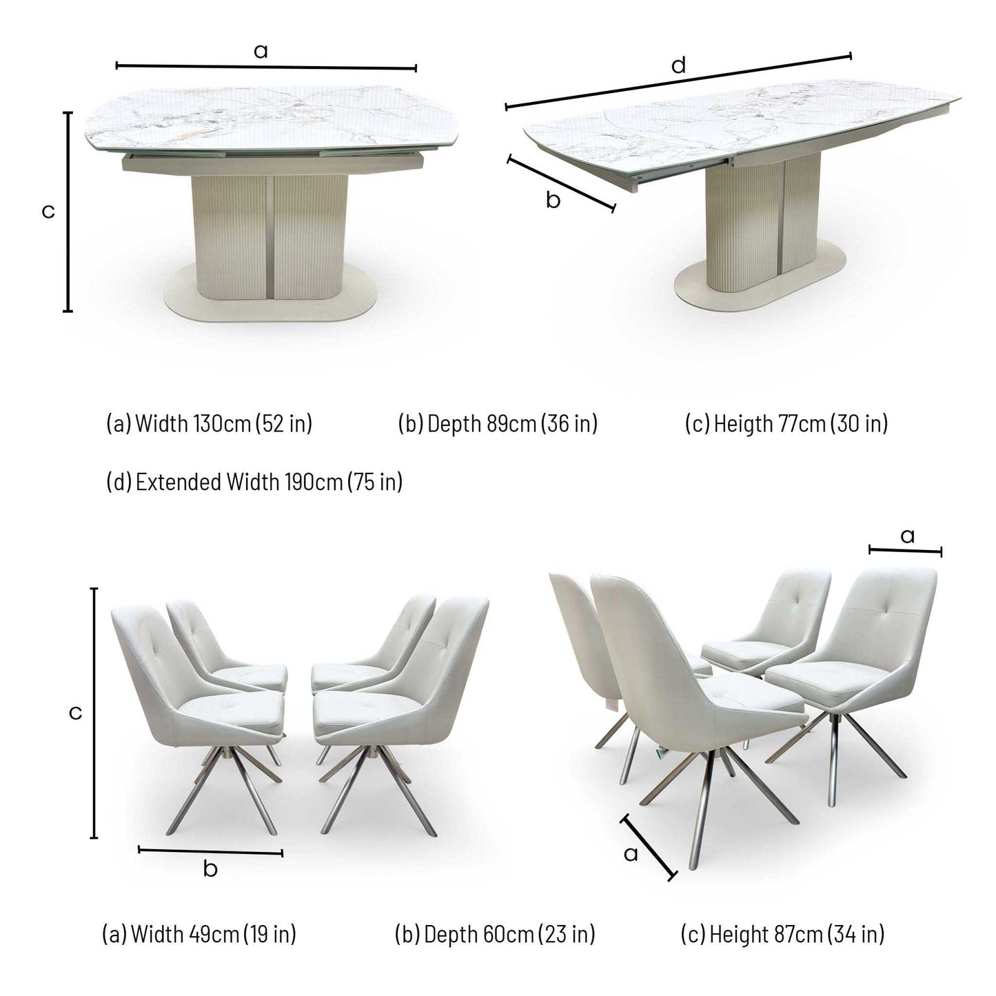 'Avorio' Marble-Effect Ceramic Top Swivel Extending Dining Table with Neutral Faux Leather Set of 4 Swivel Dining Chairs