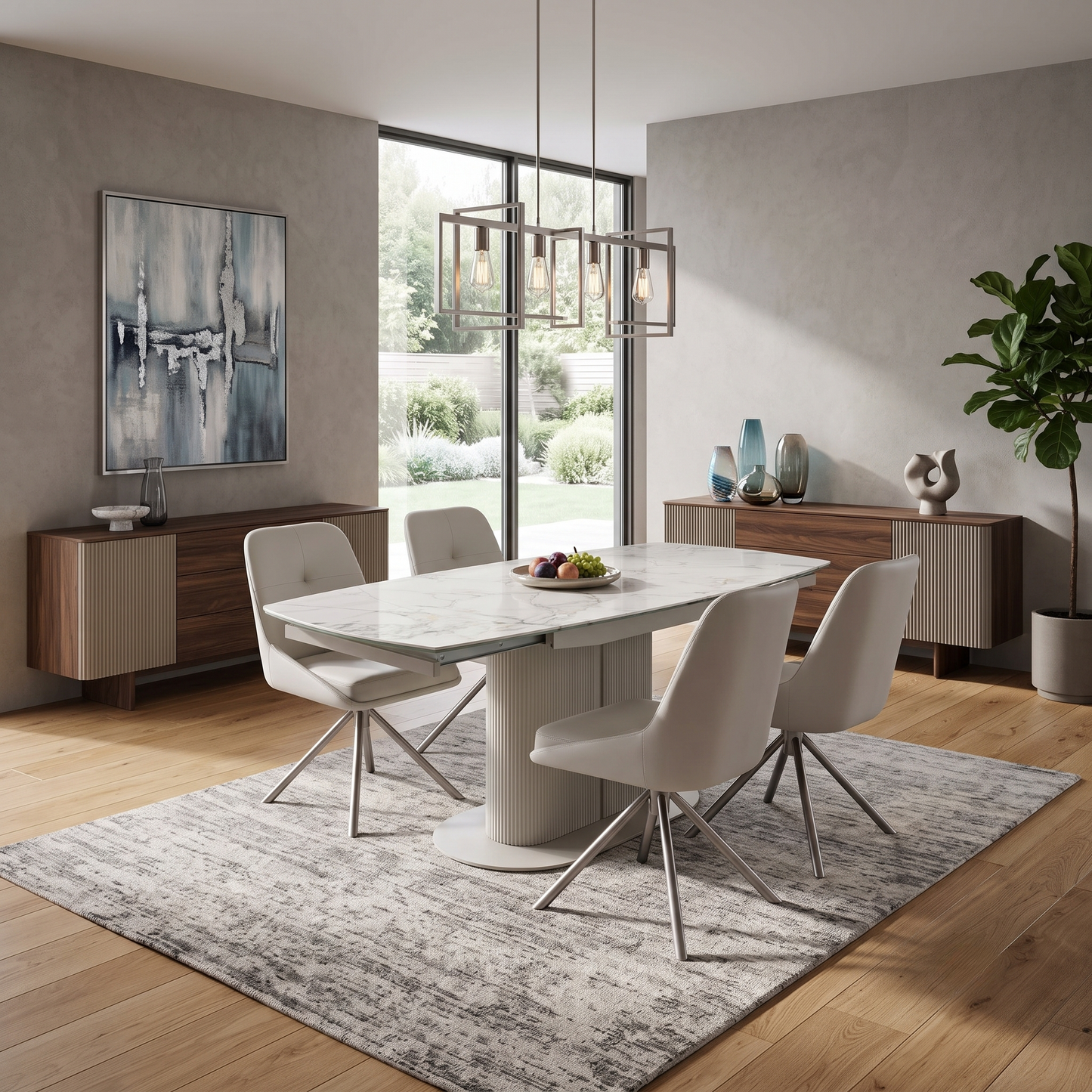 'Avorio' Marble-Effect Ceramic Top Swivel Extending Dining Table with Neutral Faux Leather Set of 4 Swivel Dining Chairs