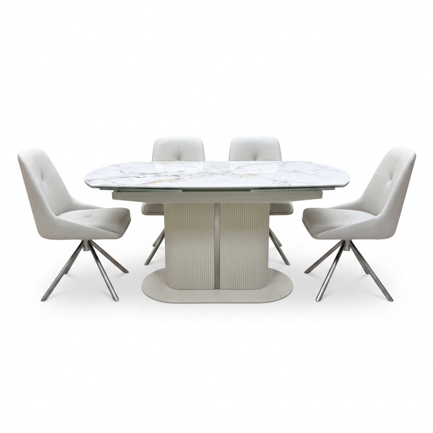 'Avorio' Marble-Effect Ceramic Top Swivel Extending Dining Table with Neutral Faux Leather Set of 4 Swivel Dining Chairs