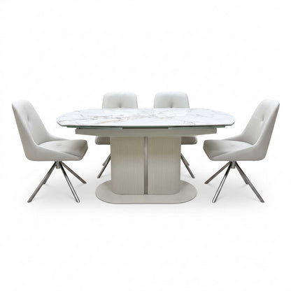'Avorio' Marble-Effect Ceramic Top Swivel Extending Dining Table with Neutral Faux Leather Set of 4 Swivel Dining Chairs