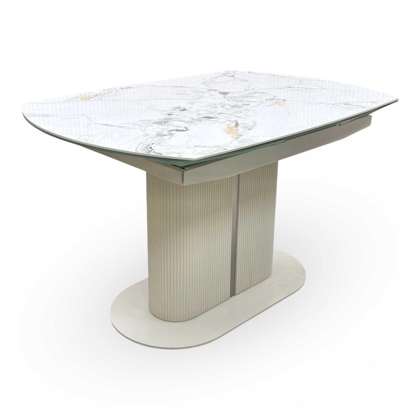 'Avorio' Marble-Effect Ceramic Top Swivel Extending Dining Table with Neutral Faux Leather Set of 4 Swivel Dining Chairs