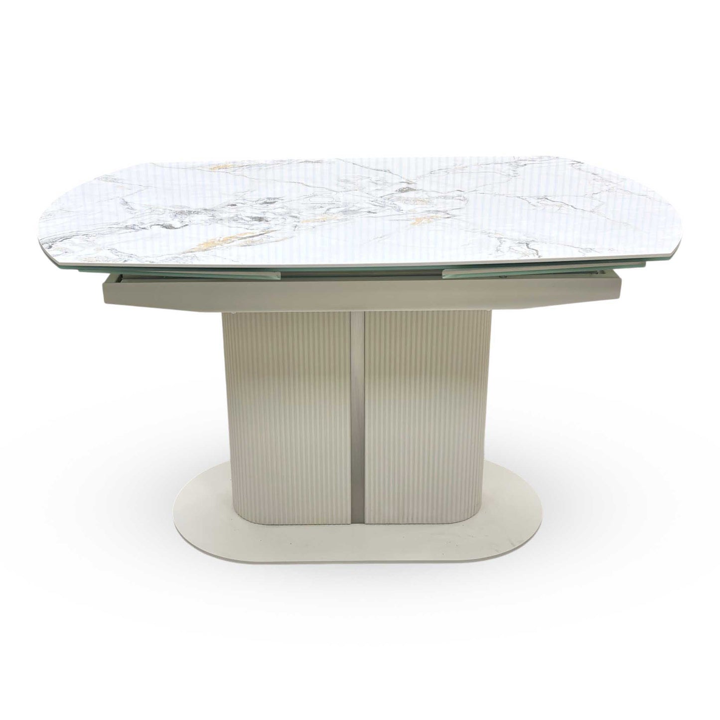 'Avorio' Marble-Effect Ceramic Top Swivel Extending Dining Table with Neutral Faux Leather Set of 4 Swivel Dining Chairs